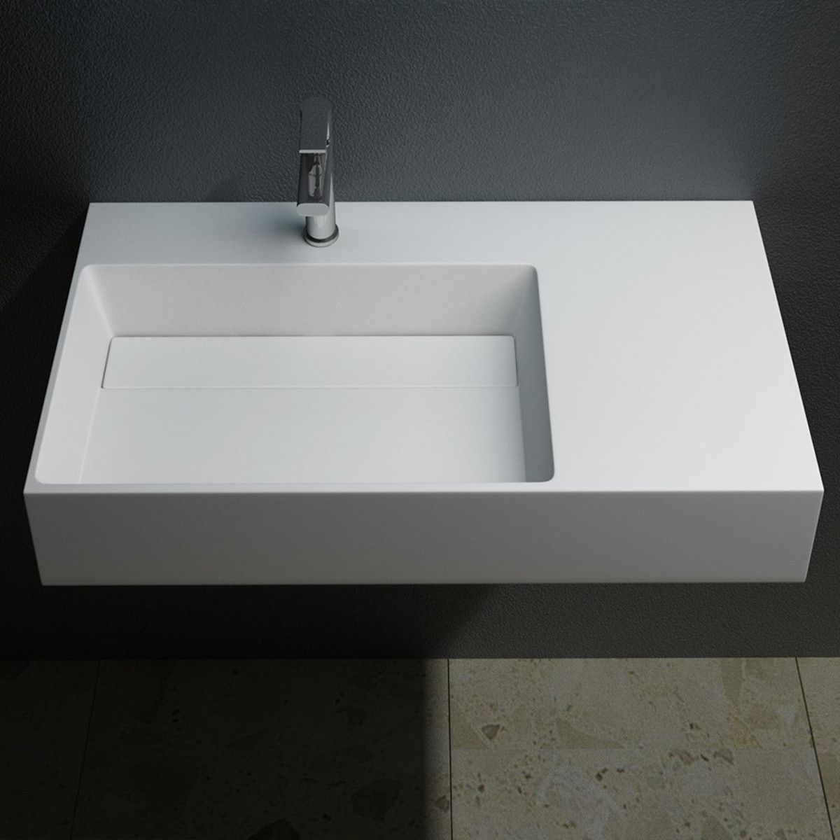 Lavoar EGO 12 L, Alb, 90x48 cm, compozit marmura, montaj pe blat sau suspendat, scurgere mascata, gaura baterie pe stanga