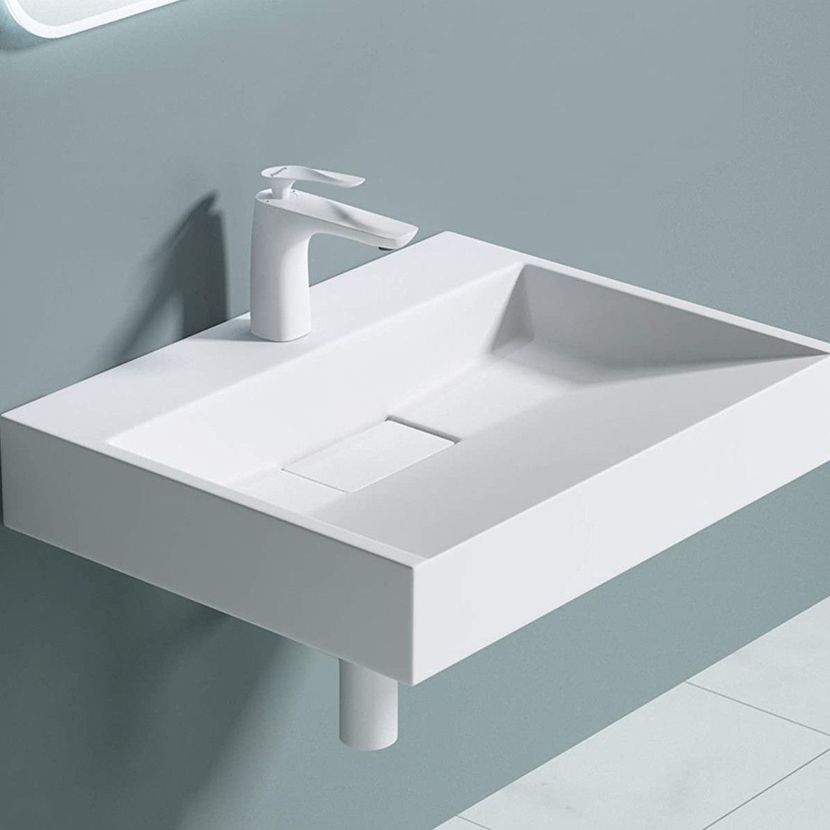 Lavoar EGO 19, Alb, mat, dimensiuni intre 60-90 cm, compozit marmura, montaj suspendat sau pe blat, cu o gaura de baterie