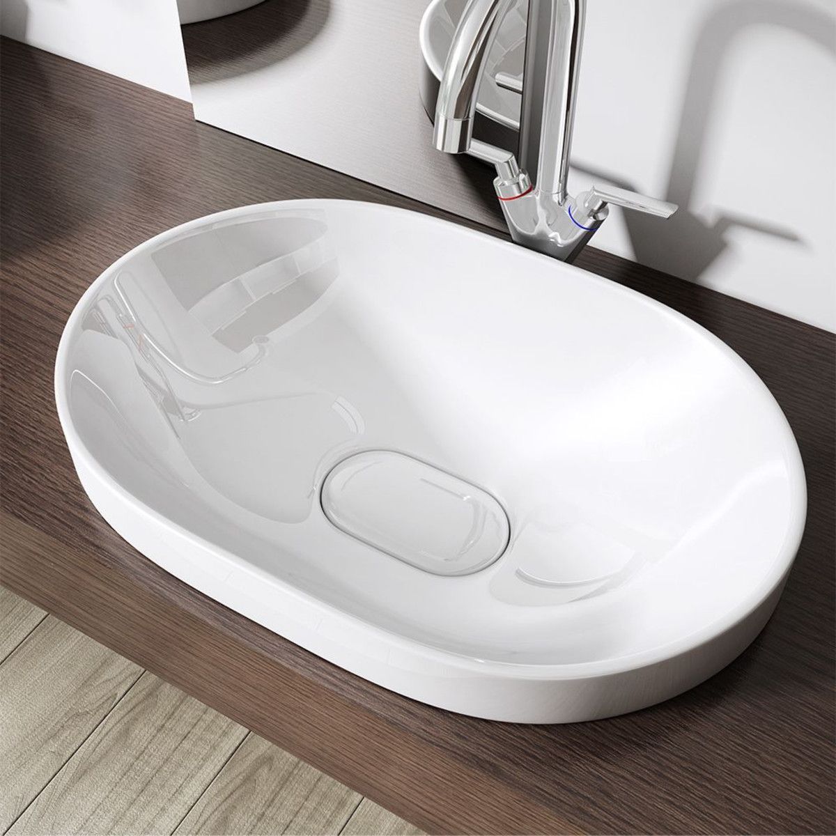 Lavoar EGO 50006A, Alb, lucios, 58x48 cm, montaj Semi-Incastrat, ceramica sanitara, fara gaura baterie