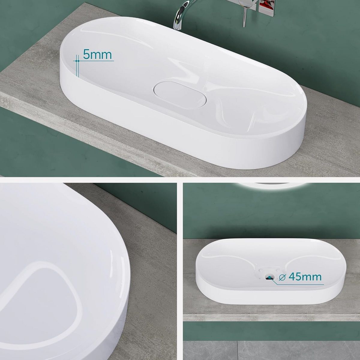 Lavoar EGO 826, Alb, lucios, scurgere ascunsa, 71x35 cm, compozit marmura, montaj pe blat