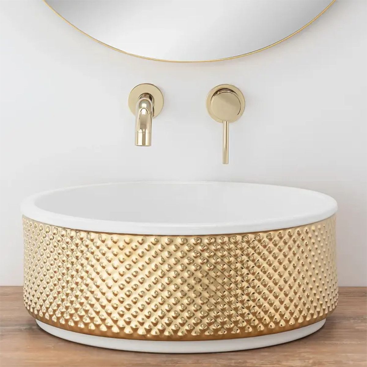 Lavoar Gino, Alb interior Auriu exterior, diamtru 43 cm, montaj pe blat, ceramica sanitara