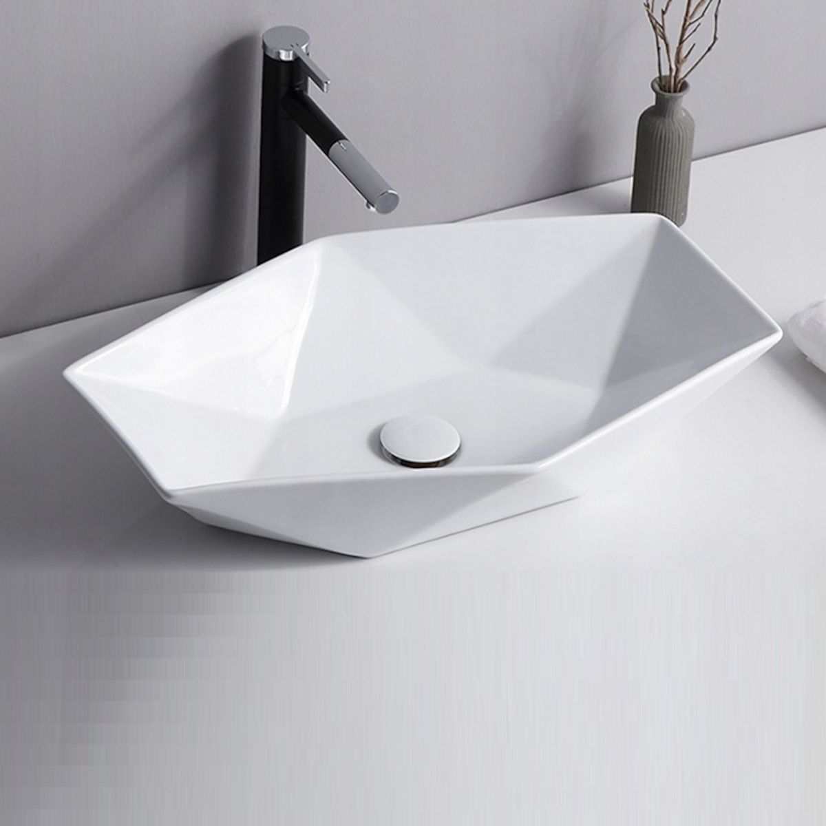 Lavoar hexagonal REA VEGA, Alb, lucios, 64x42cm, montaj pe blat, ceramica sanitara