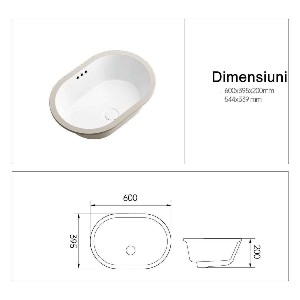 Lavoar, montaj incastrat sub blat, ceramica sanitara, dimensiuni: 60x39-70x41 cm, Alb Lucios, Luca