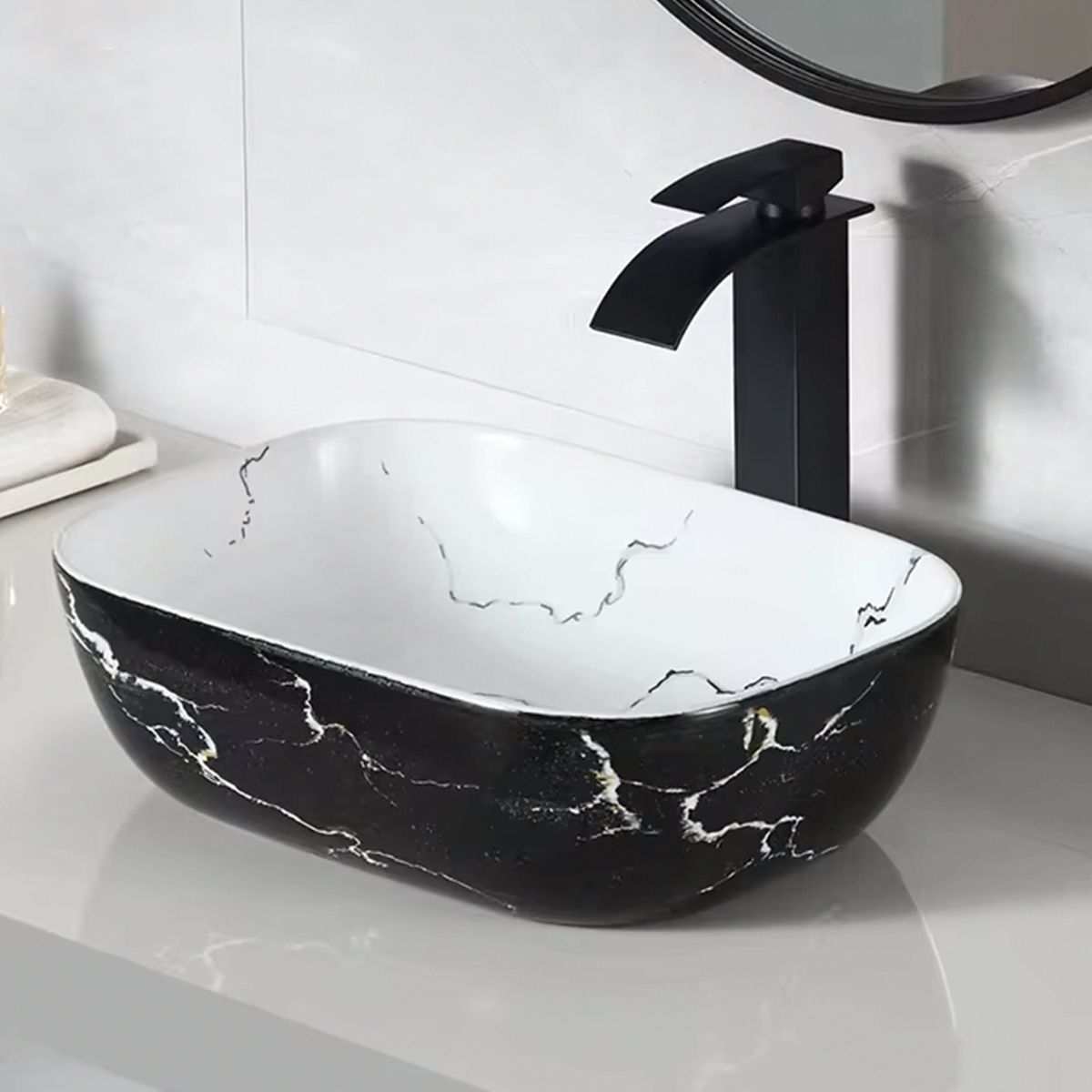 Lavoar, montaj pe blat, 46x33 cm, ceramica sanitara, Alb marble interior/Negru marble exterior, Nicoli
