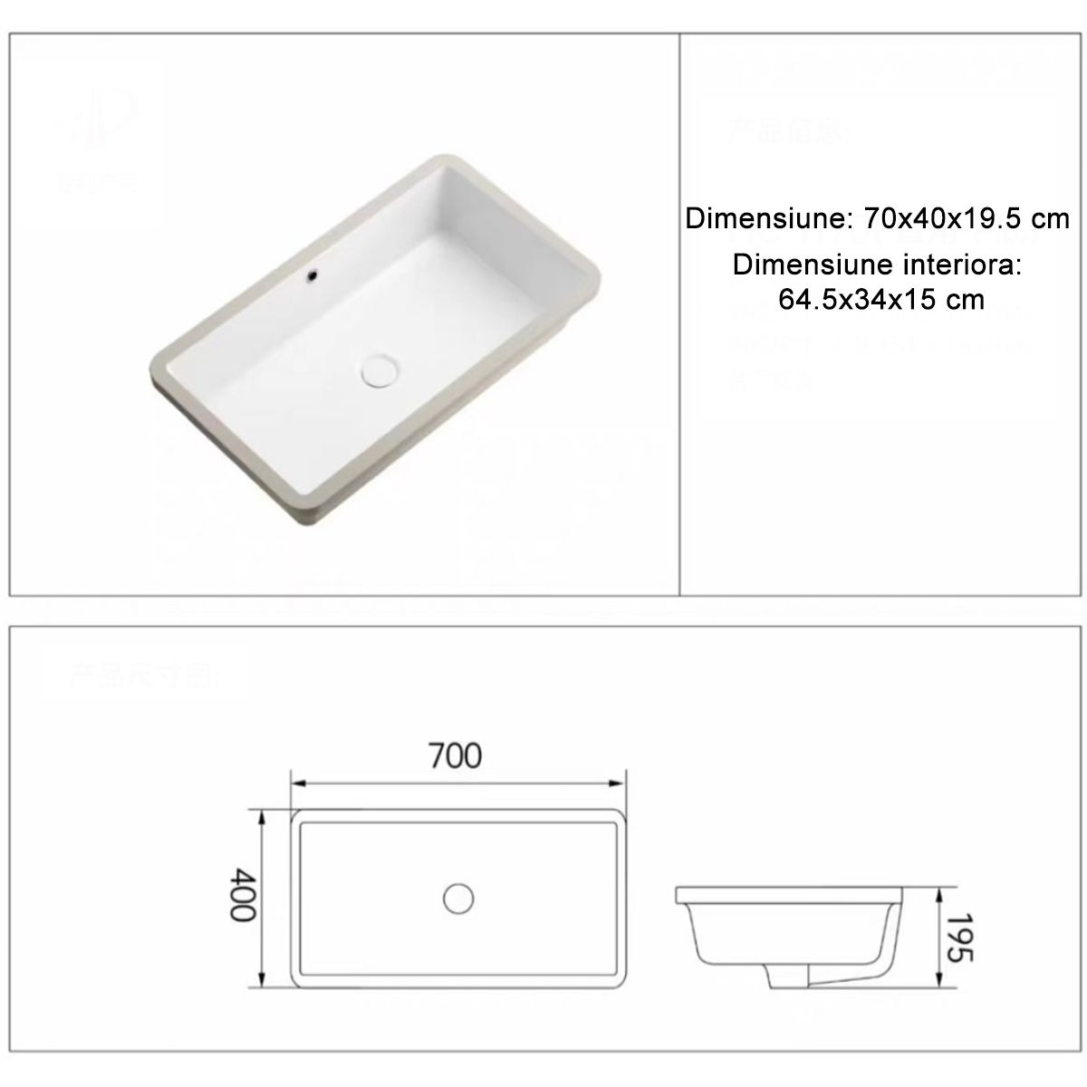 Lavoar, Negru Mat, Power Color, montaj incastrat sub blat, 70-80x40 cm, ceramica sanitara, Livia