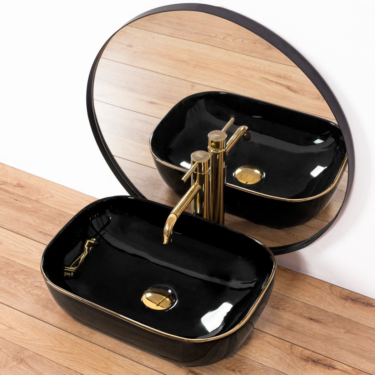 Lavoar REA Belinda Black Gold Edge, Negru, lucios, 46.5x33 cm, montaj pe blat, ceramica sanitara