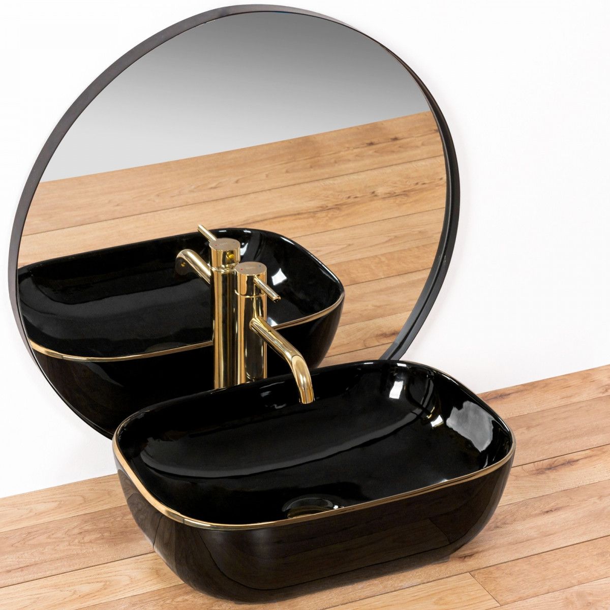 Lavoar REA Belinda Black Gold Edge, Negru, lucios, 46.5x33 cm, montaj pe blat, ceramica sanitara