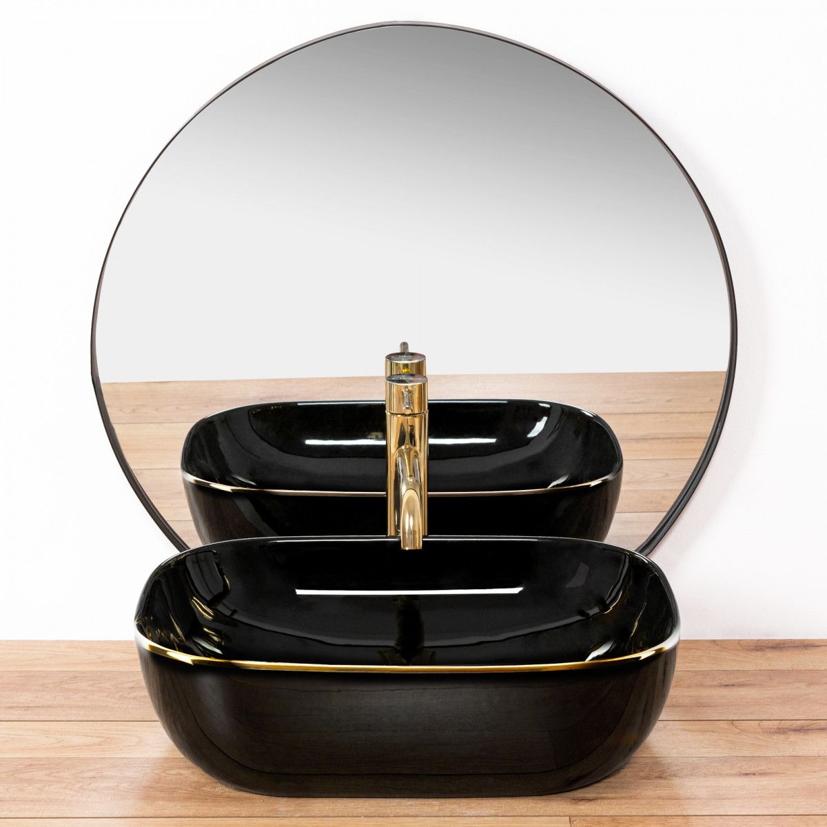 Lavoar REA Belinda Black Gold Edge, Negru, lucios, 46.5x33 cm, montaj pe blat, ceramica sanitara