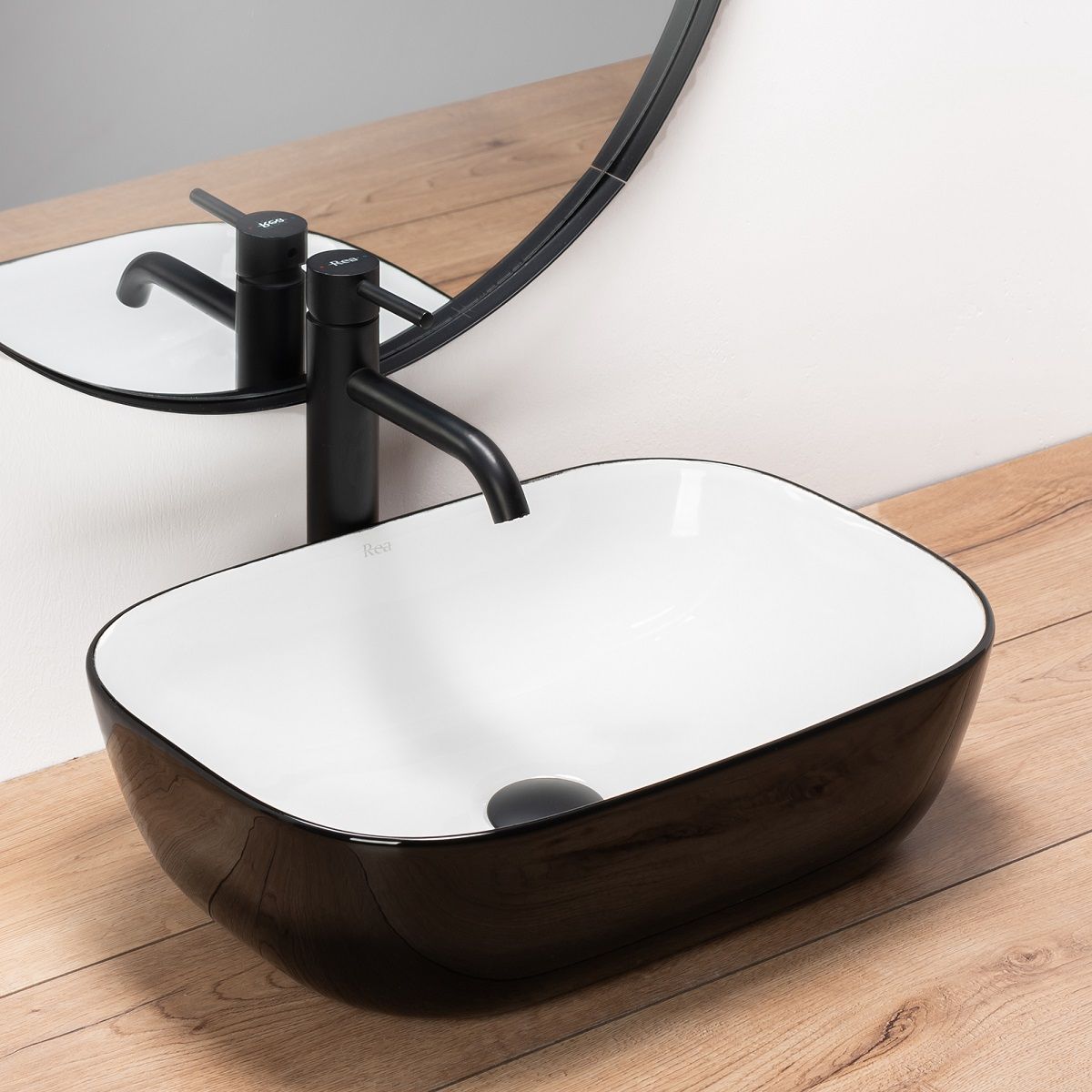 Lavoar REA Belinda, Negru Alb, lucios, 46,5x33 cm, montaj pe blat, ceramica sanitara