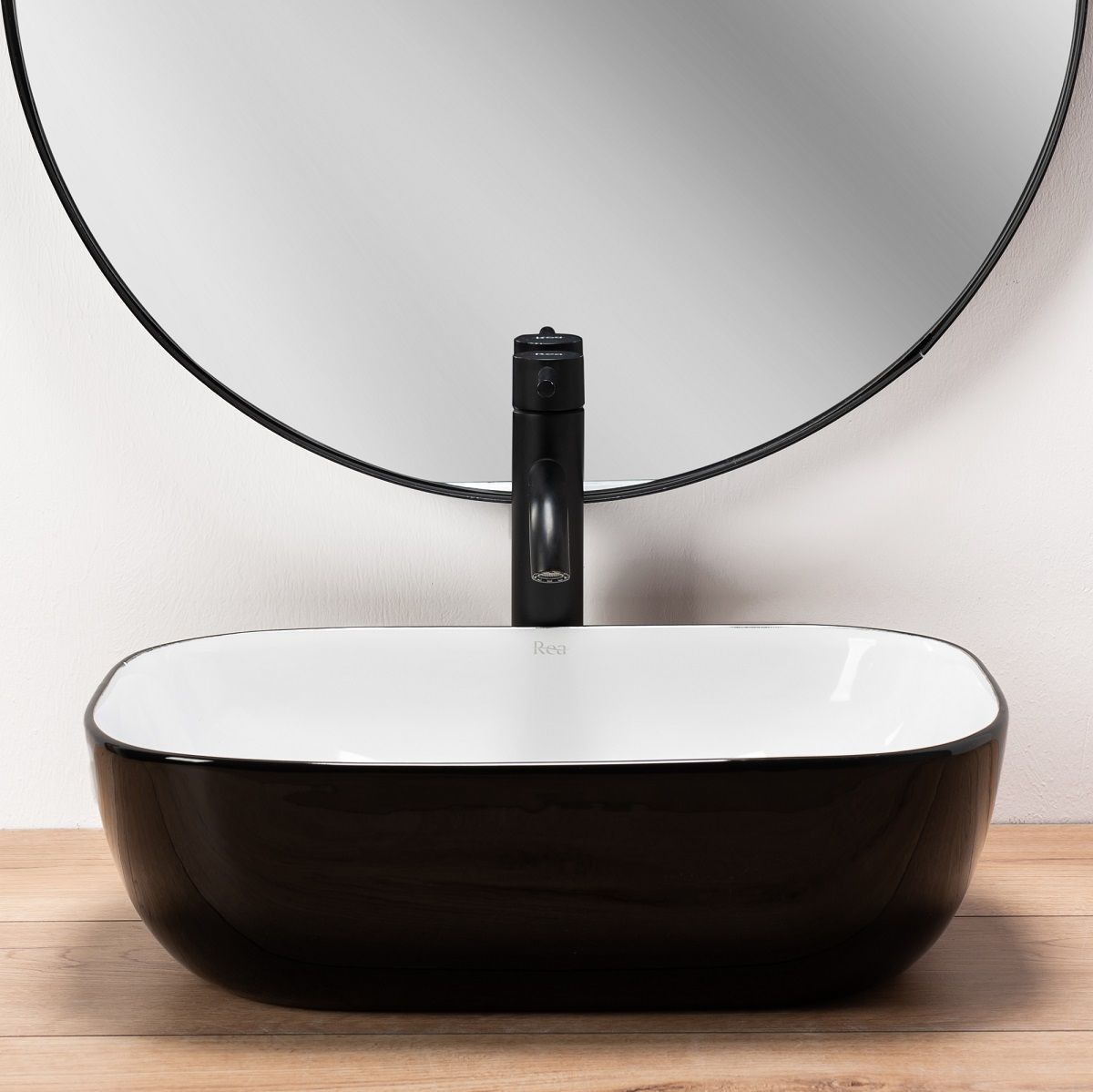 Lavoar REA Belinda, Negru Alb, lucios, 46,5x33 cm, montaj pe blat, ceramica sanitara