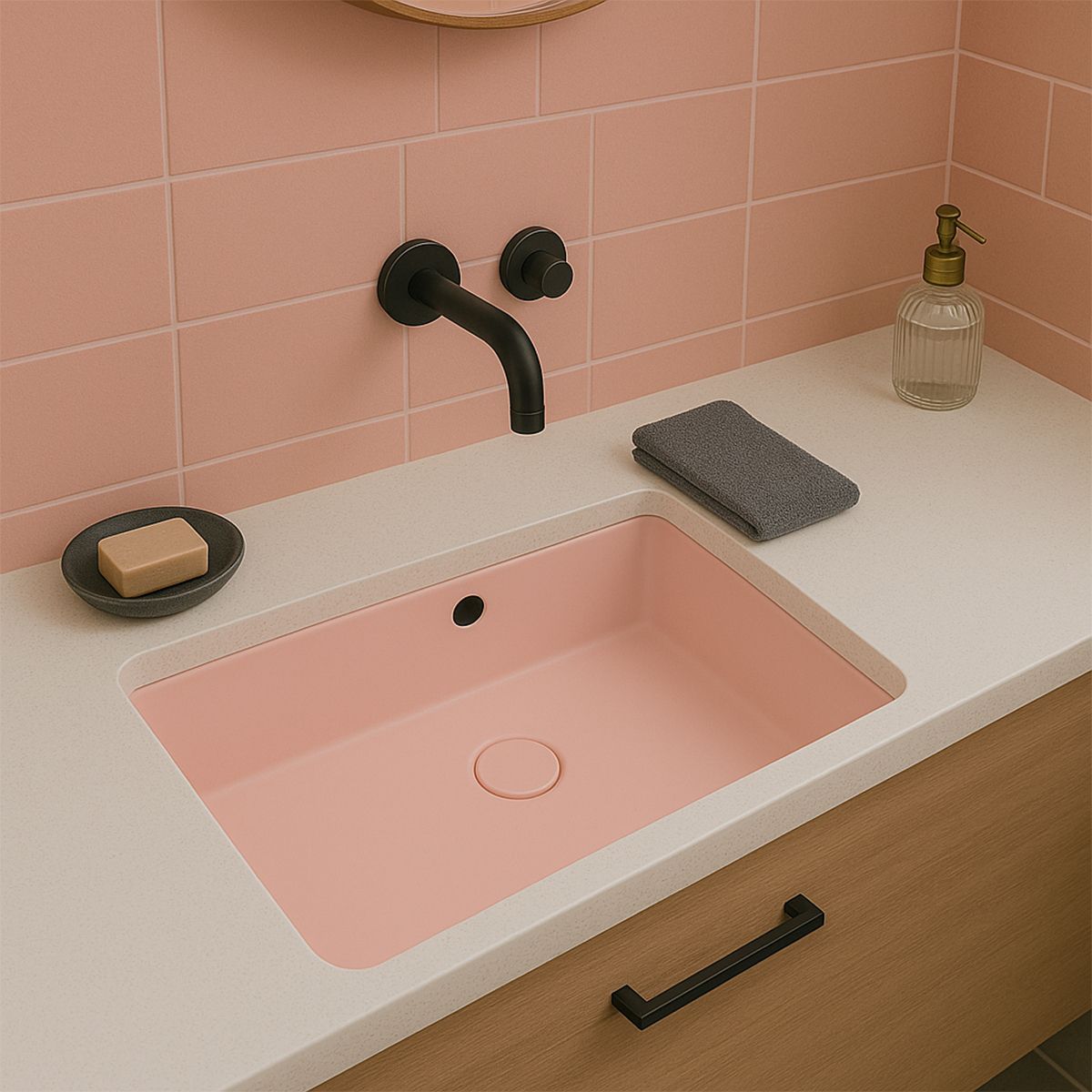 Lavoar, Roz Somon Mat, Power Color, montaj incastrat sub blat, 70-80x40 cm, ceramica sanitara, Livia