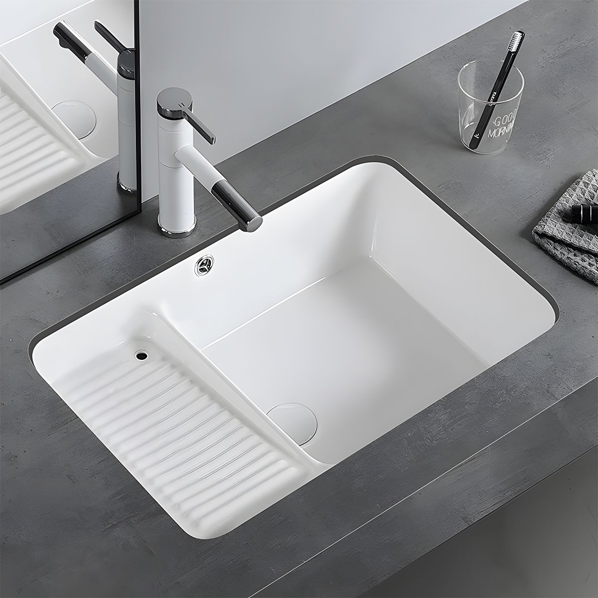 Lavoar Spalatorie, montaj incastrat sub blat, Alb Lucios, ceramica sanitara, 60x40, Lavio
