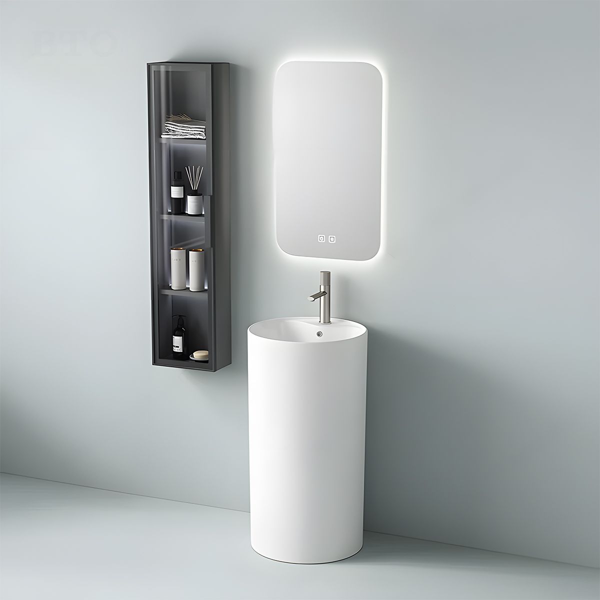 Lavoar stativ, Alb Lucios, cu gaura de baterie, diametru 45 cm, ceramica sanitara, Modena