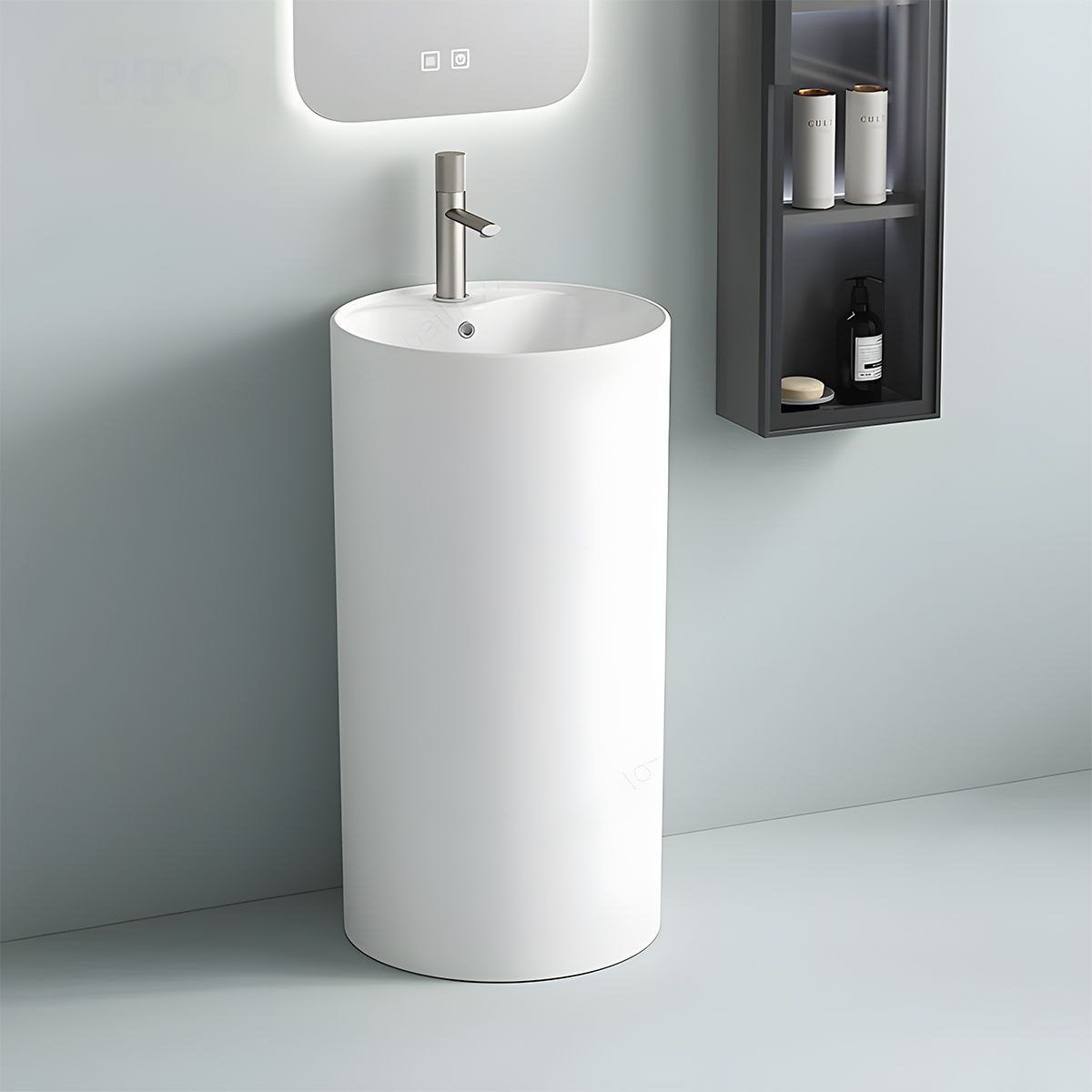 Lavoar stativ, Alb Lucios, cu gaura de baterie, diametru 45 cm, ceramica sanitara, Modena