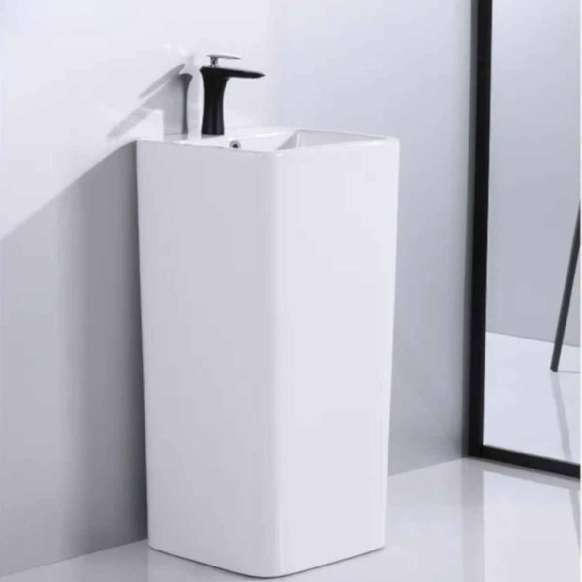 Lavoar stativ Bufon, Alb, 40x40x84 cm, cu gaura de baterie, montaj pe podea, ceramica sanitara