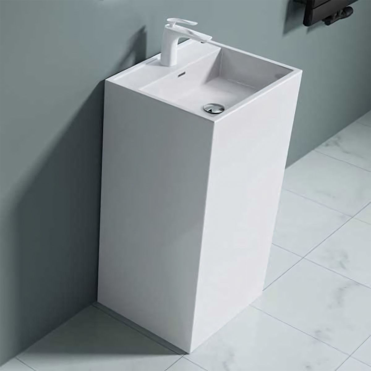 Lavoar stativ EGO 34, Alb, lucios, 50x42x90 cm, montaj podea, compozit marmura, cu gaura baterie si preaplin
