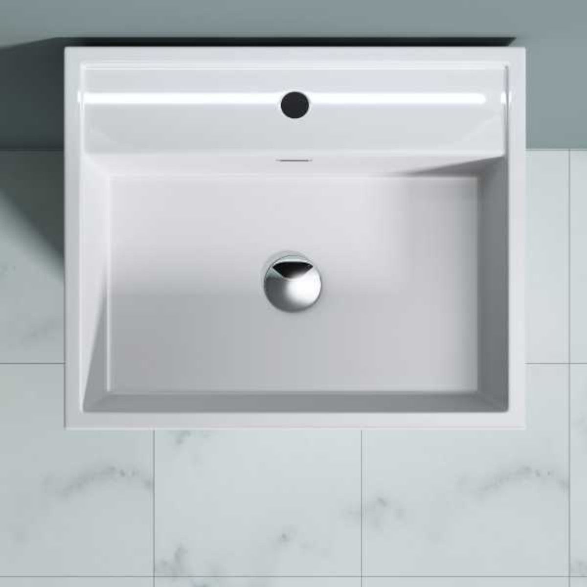 Lavoar stativ EGO 34, Alb, lucios, 50x42x90 cm, montaj podea, compozit marmura, cu gaura baterie si preaplin