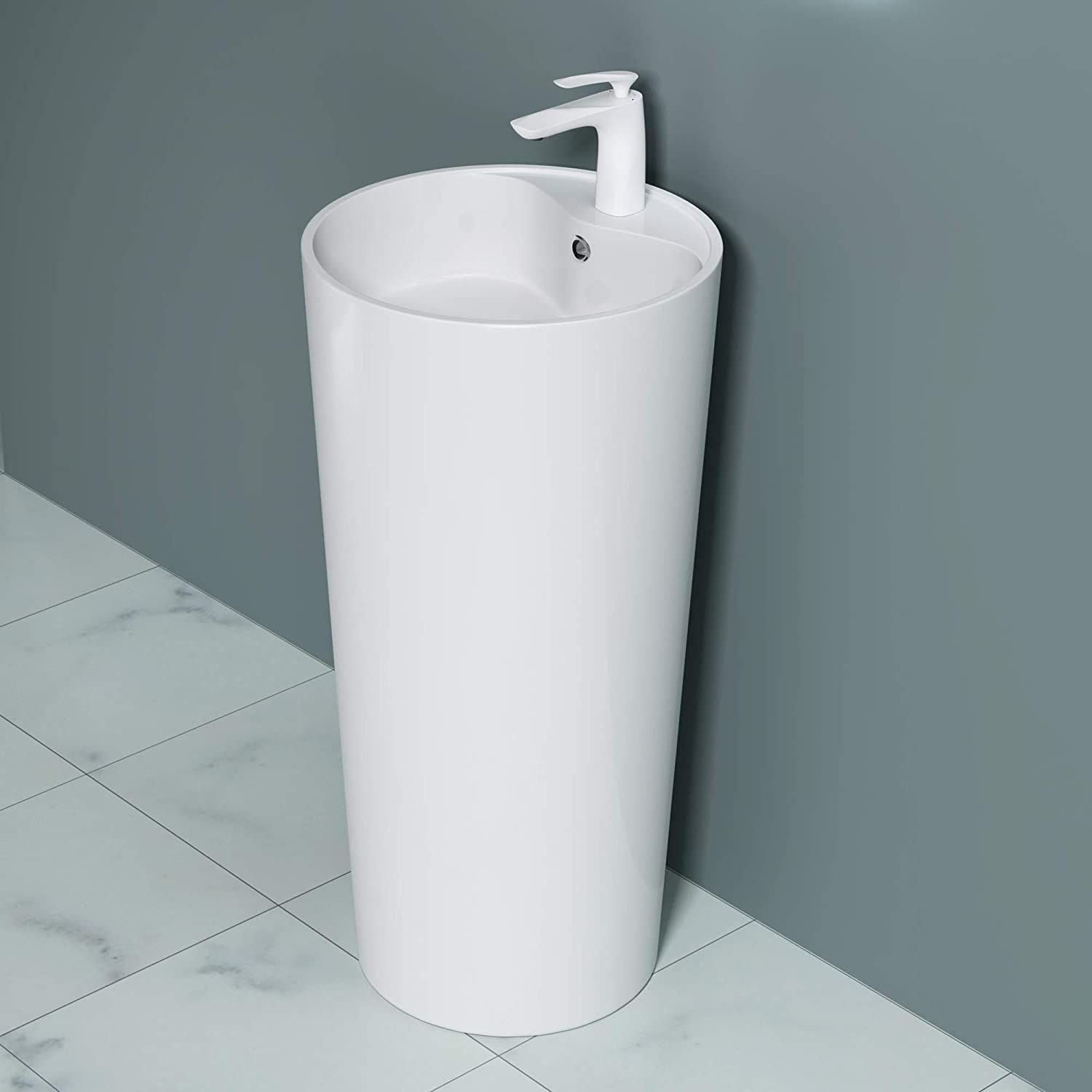 Lavoar stativ EGO 35, Alb, lucios, 44.5x44.5x90 cm, montaj podea, compozit marmura, cu gaura de baterie si preaplin