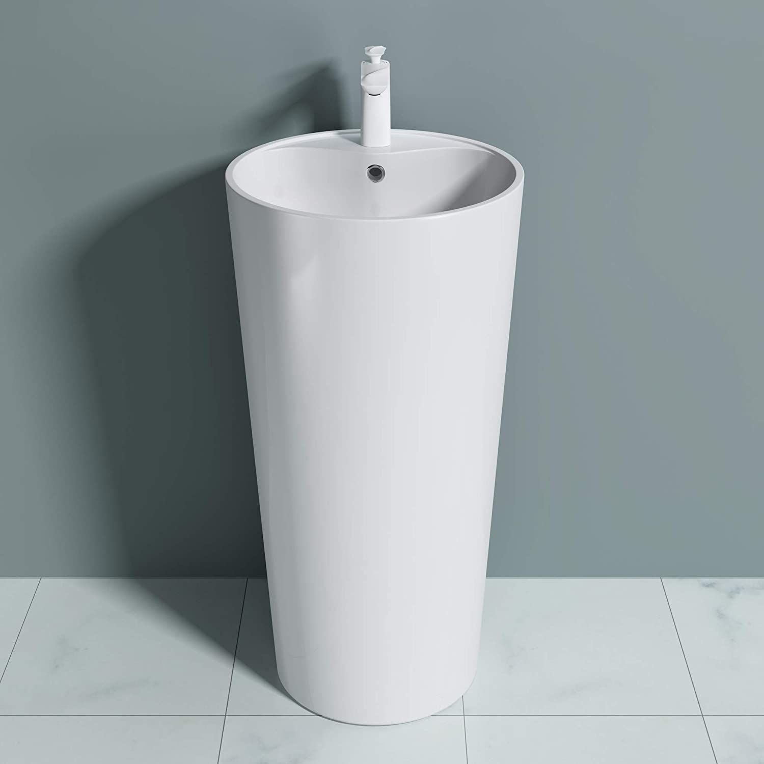 Lavoar stativ EGO 35, Alb, lucios, 44.5x44.5x90 cm, montaj podea, compozit marmura, cu gaura de baterie si preaplin