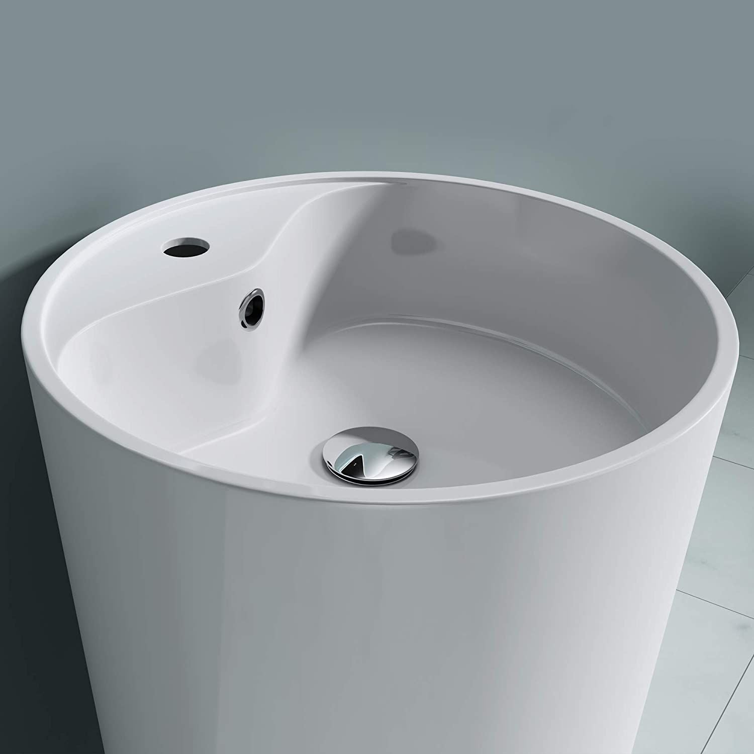 Lavoar stativ EGO 35, Alb, lucios, 44.5x44.5x90 cm, montaj podea, compozit marmura, cu gaura de baterie si preaplin
