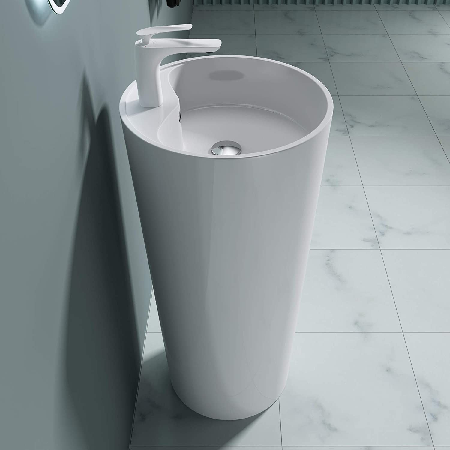Lavoar stativ EGO 35, Alb, lucios, 44.5x44.5x90 cm, montaj podea, compozit marmura, cu gaura de baterie si preaplin