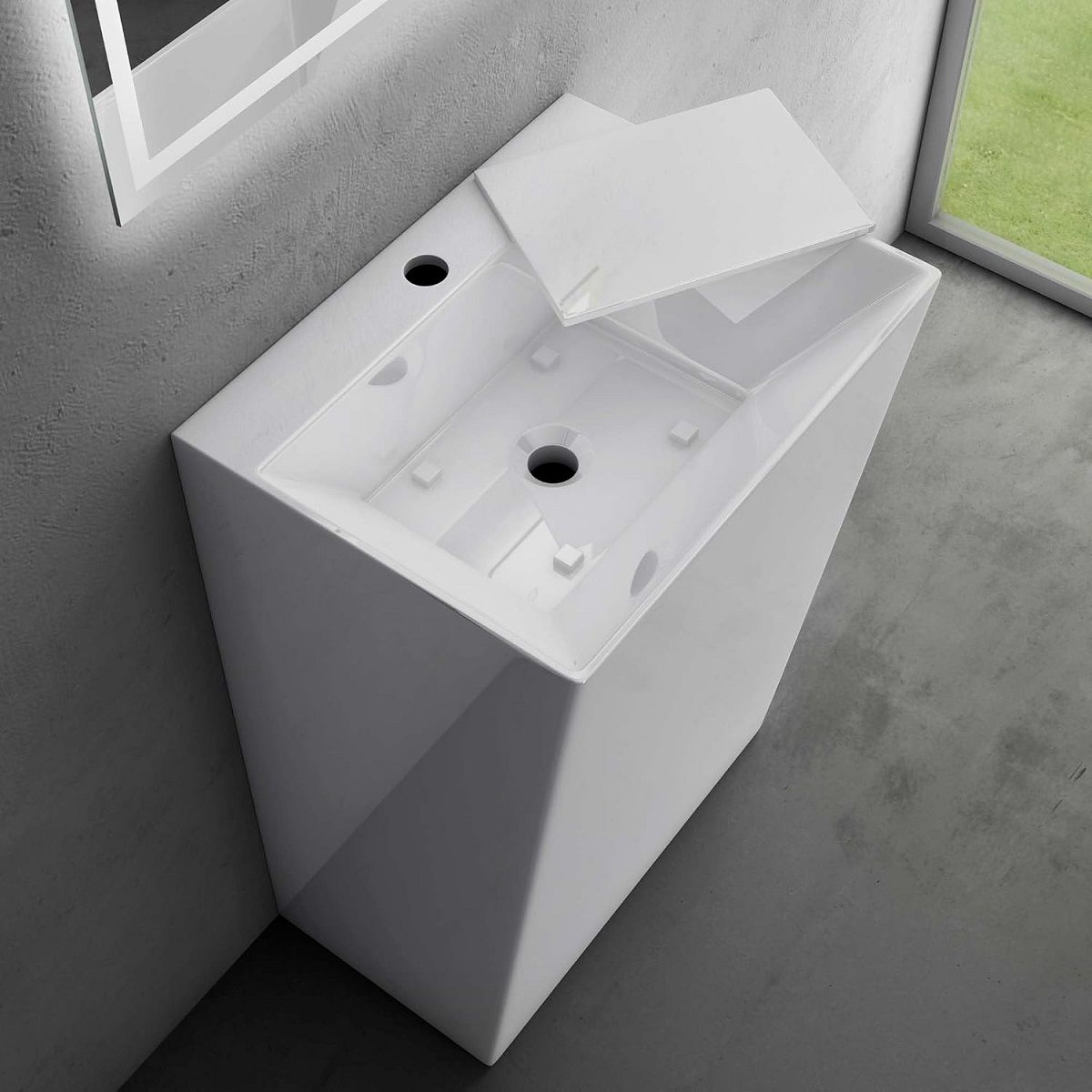 Lavoar stativ EGO 40, Alb Lucios, 55x42x85 cm, montaj pe podea, compozit de marmura, cu gaura baterie