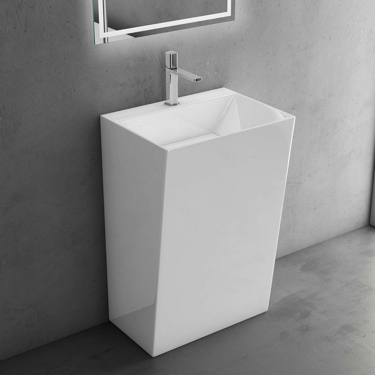 Lavoar stativ EGO 40, Resigilat, Alb Lucios, 55x42x85 cm, montaj pe podea, compozit de marmura, cu gaura baterie