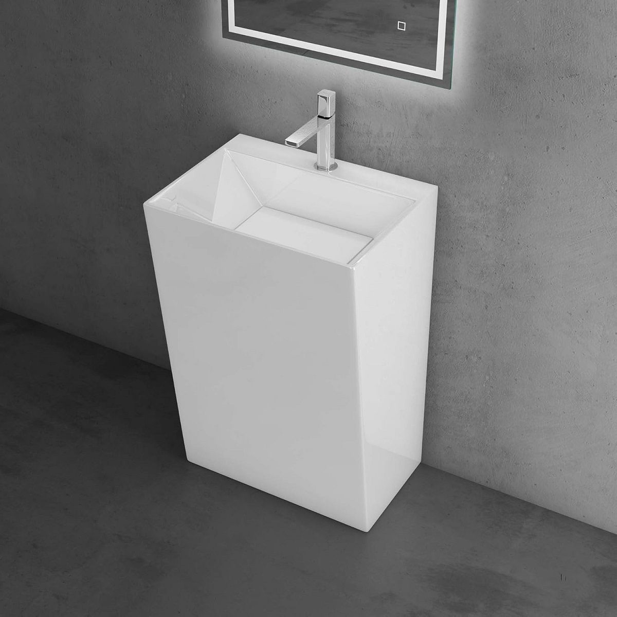Lavoar stativ EGO 40, Resigilat, Alb Lucios, 55x42x85 cm, montaj pe podea, compozit de marmura, cu gaura baterie