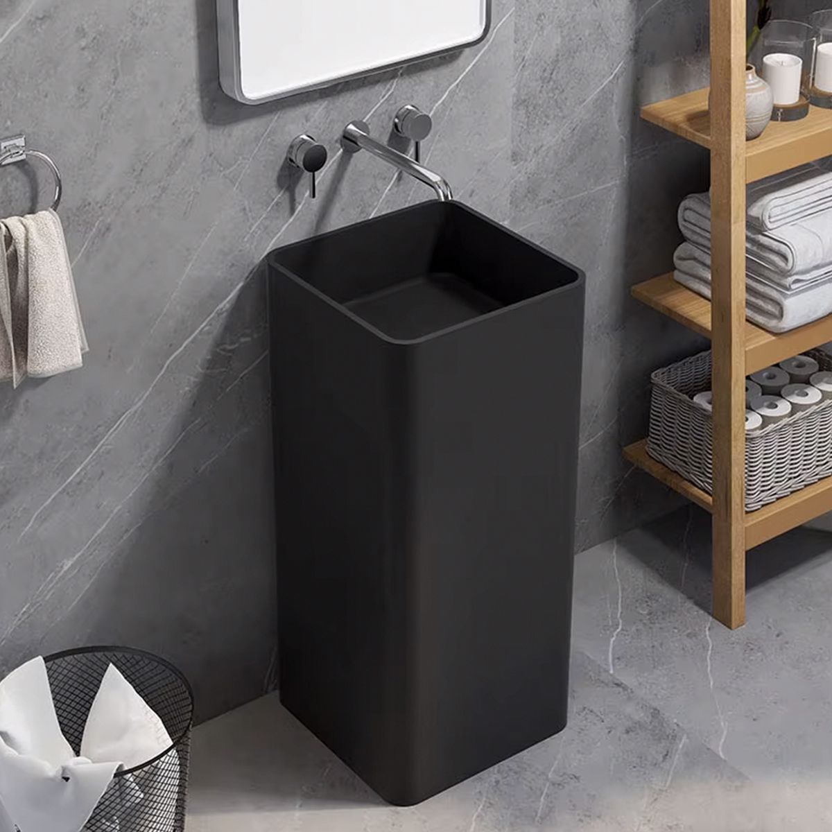 Lavoar stativ EGO Bufon, Negru mat, Power Colour, 40x40x85 cm, montaj pe podea, ceramica sanitara