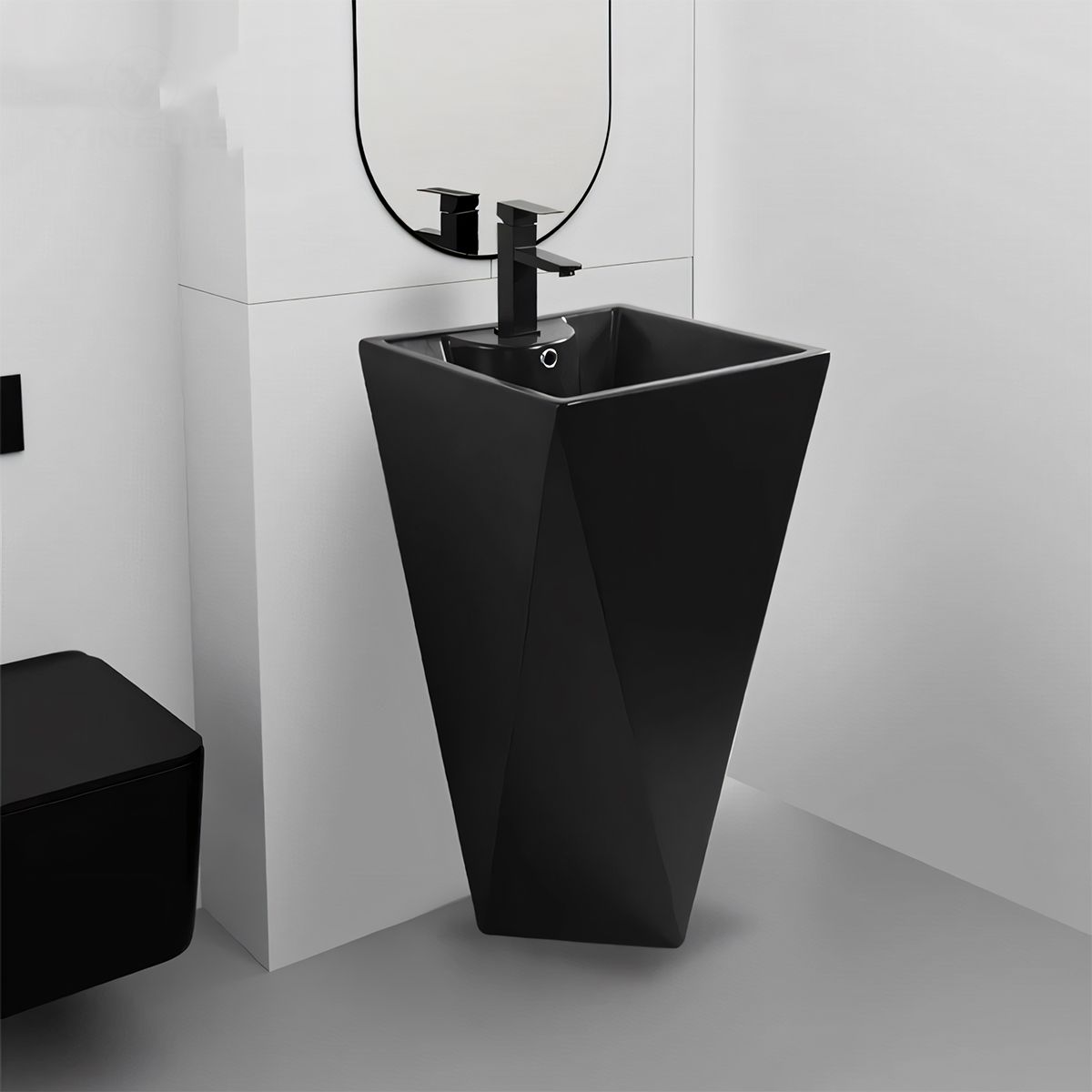 Lavoar stativ Enrico, Negru Mat, Power Colour, cu gaura de baterie, 47x47x83 cm, montaj pe podea, ceramica sanitara