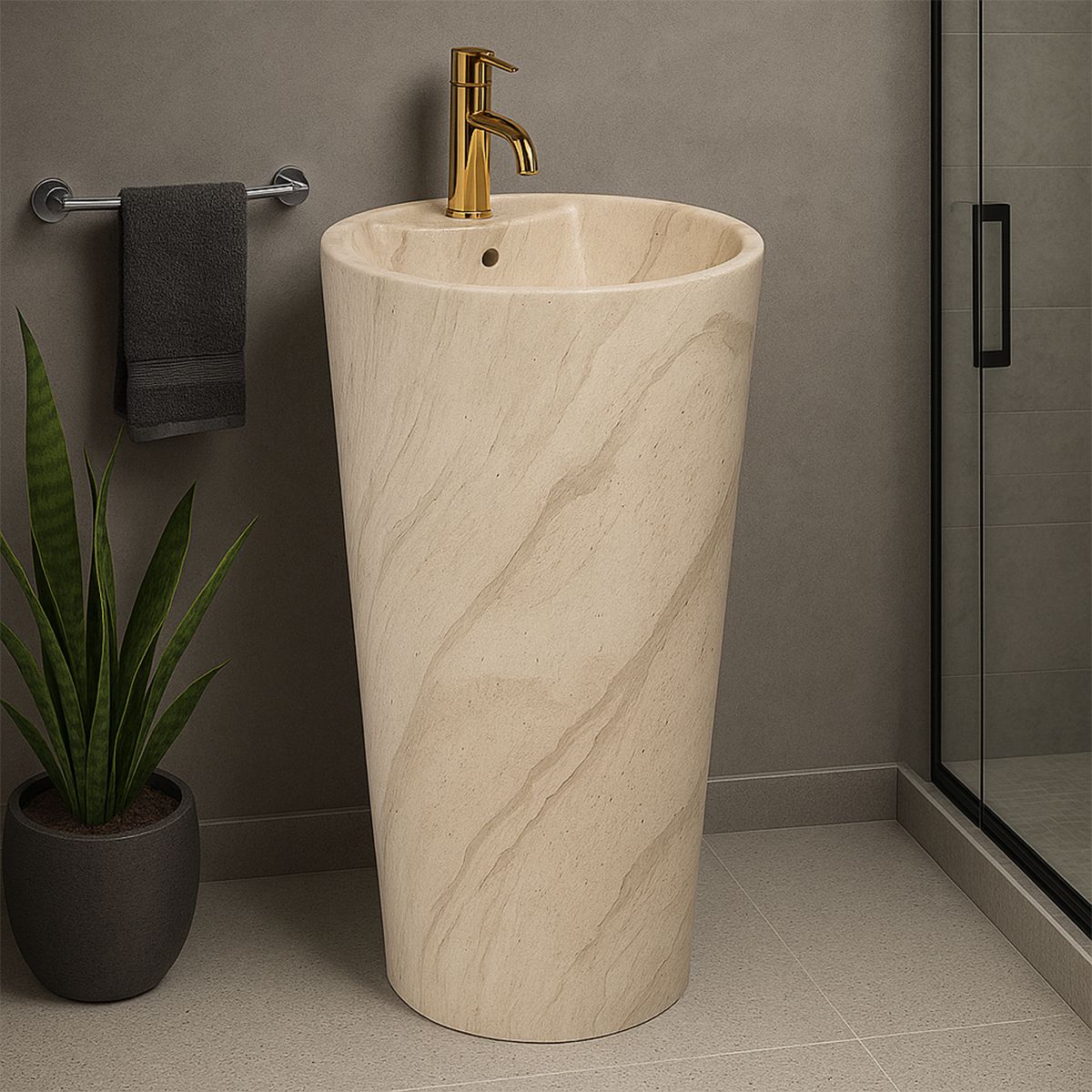 Lavoar stativ, finisaj piatra naturala, 39x39x82 cm, montaj pe podea, ceramica sanitara, Lucia Stone