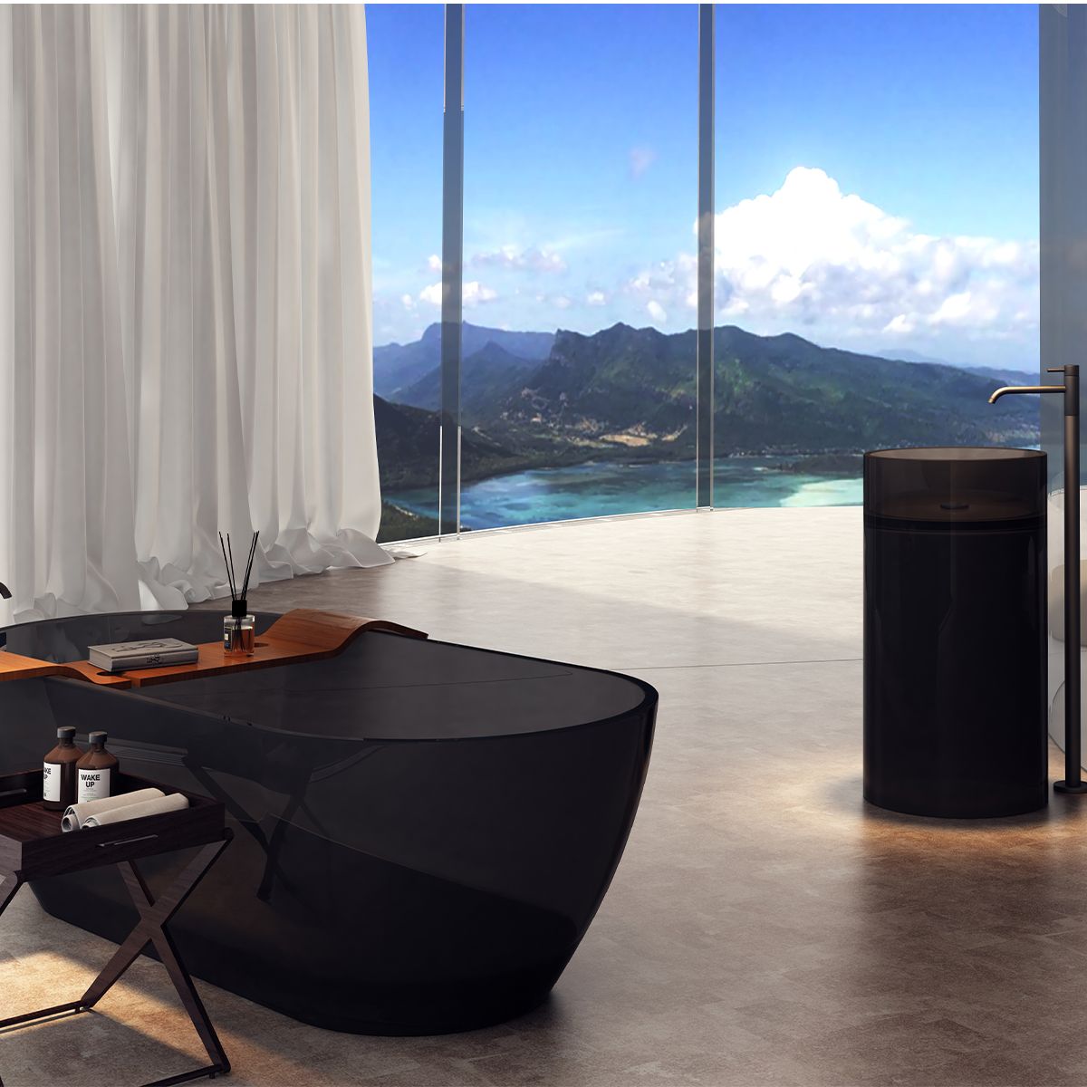 Lavoar stativ, freestanding, CristalMood, Negru transparent, 44.5x44.5x80 cm, ventil inclus, Sole