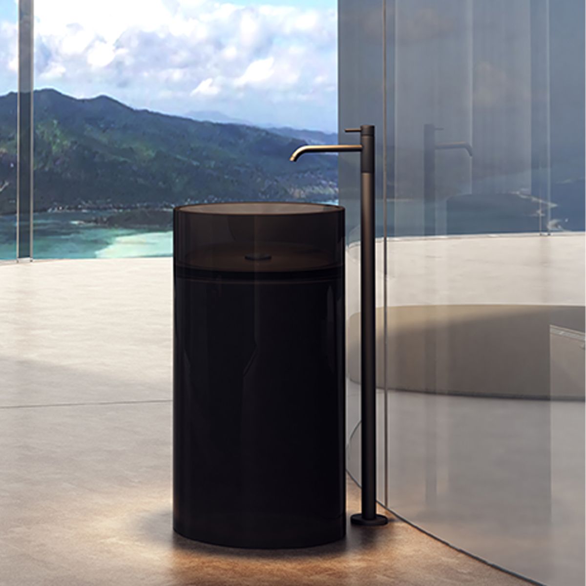 Lavoar stativ, freestanding, CristalMood, Negru transparent, 44.5x44.5x80 cm, ventil inclus, Sole