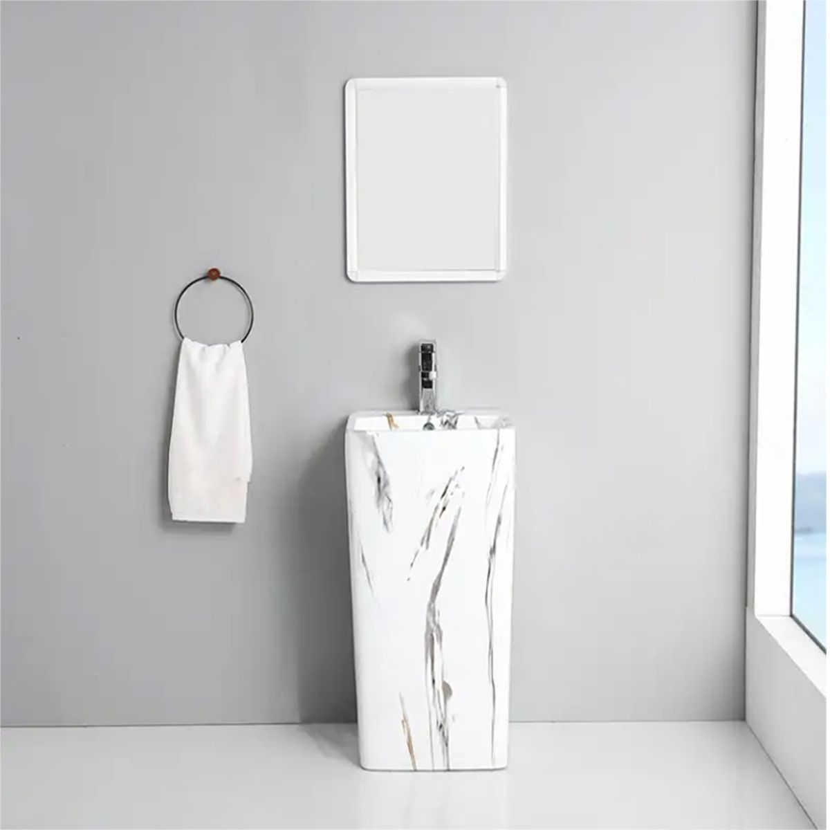 Lavoar stativ Imola Marble, cu gaura de baterie, 40x40x85 cm, montaj pe podea, ceramica sanitara