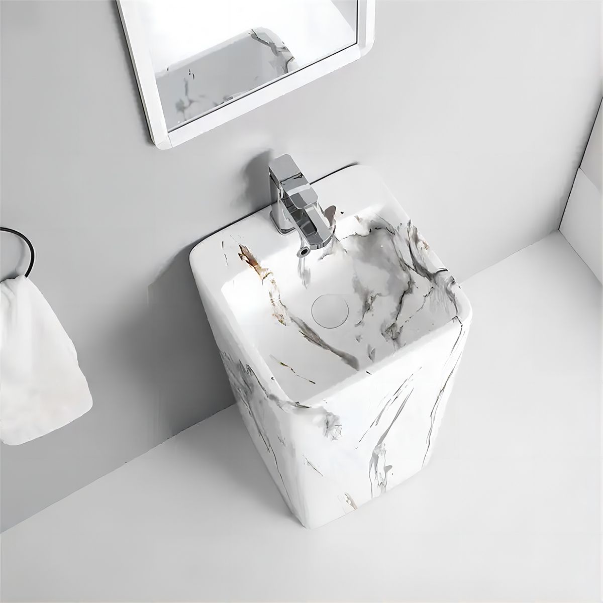 Lavoar stativ Imola Marble, cu gaura de baterie, 40x40x85 cm, montaj pe podea, ceramica sanitara