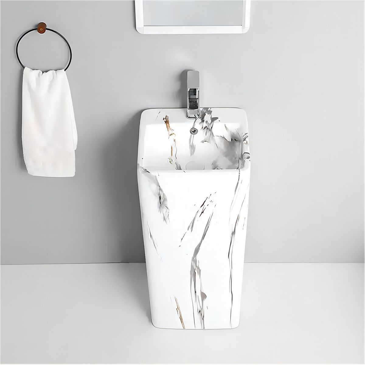 Lavoar stativ Imola Marble, cu gaura de baterie, 40x40x85 cm, montaj pe podea, ceramica sanitara