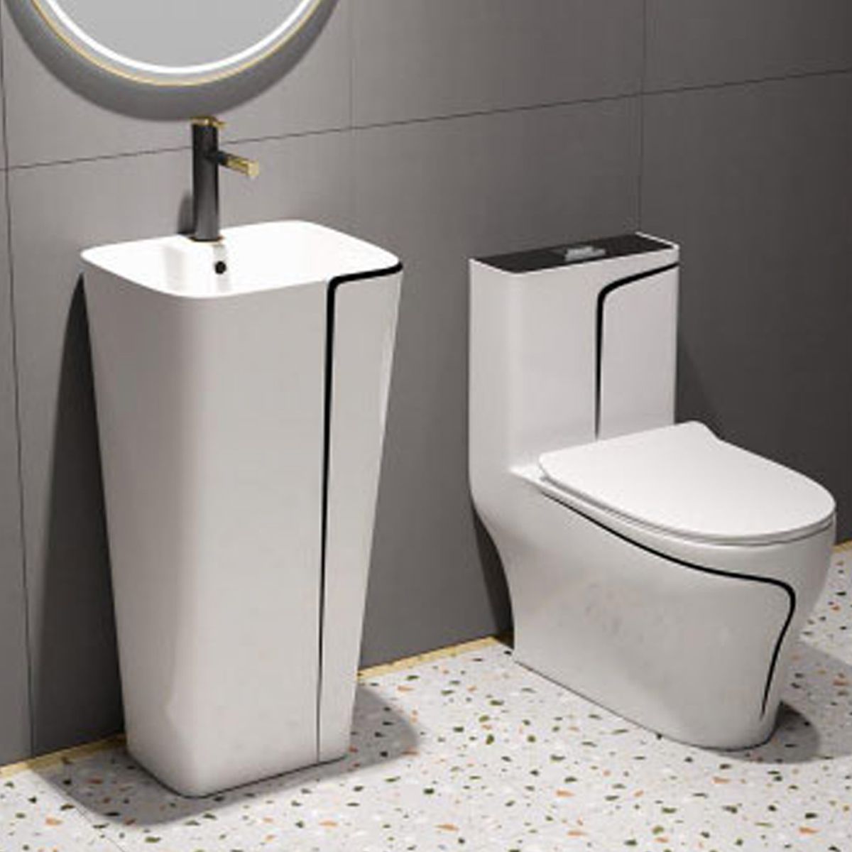 Lavoar stativ Lazio, Alb Lucios Gold Line, 43x36x85 cm, montaj pe podea, cu gaura de baterie, Royalty Line by Ego