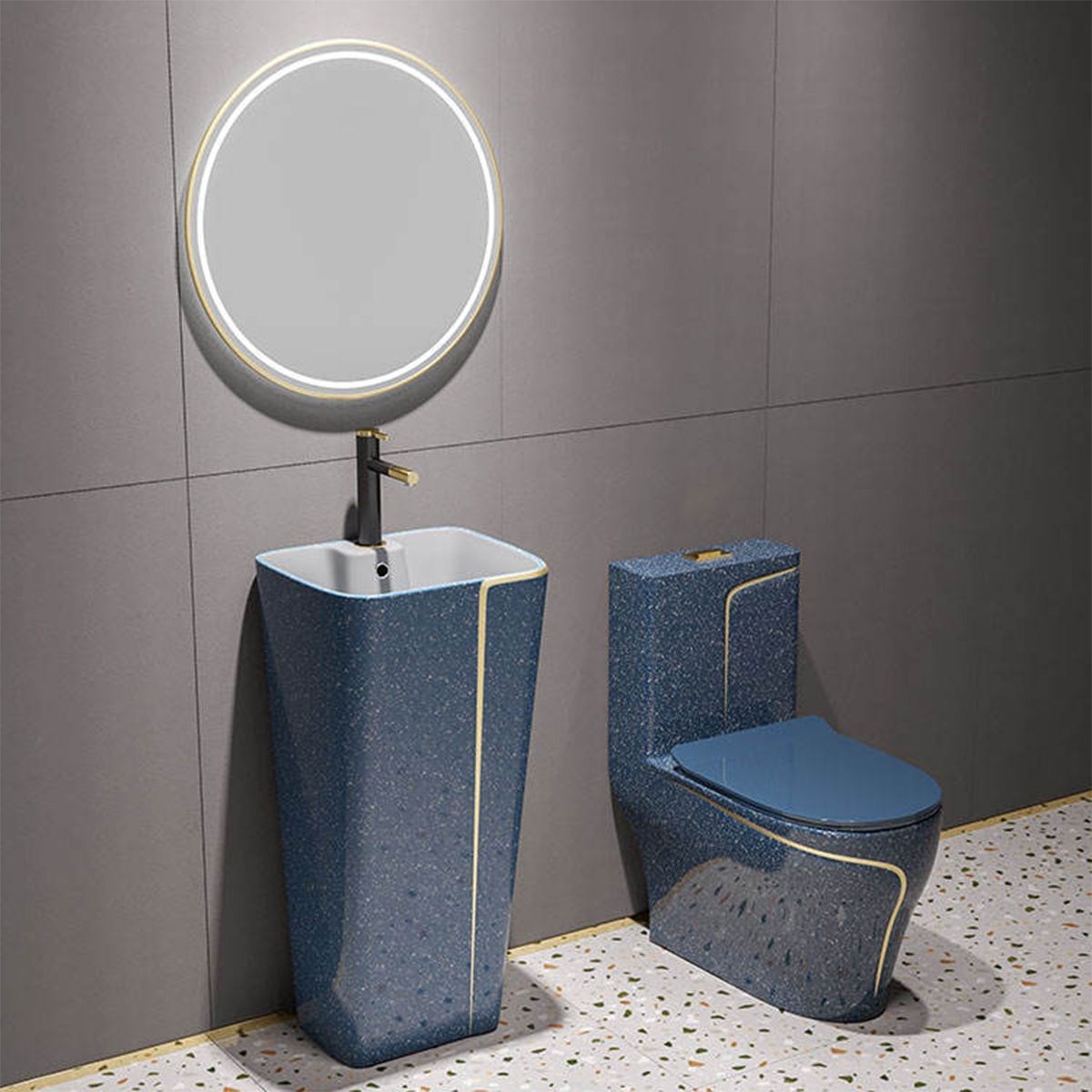 Lavoar stativ Lazio, Albastru Terrazo, 43x36x85 cm, montaj pe podea, cu gaura de baterie