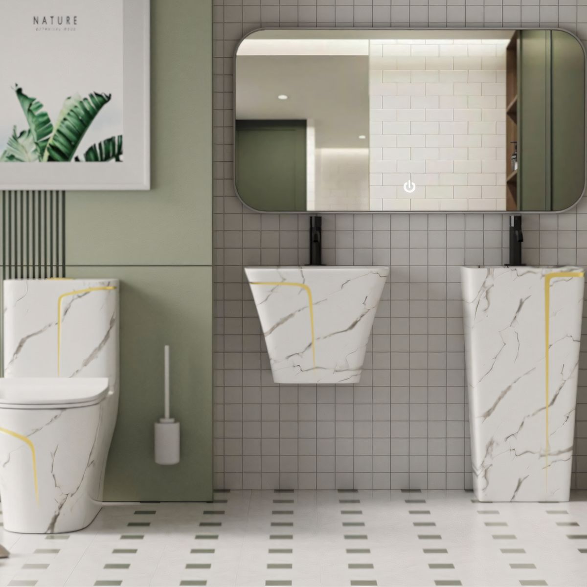 Lavoar stativ Lazio Marble, 43x35x85 cm, montaj pe podea, cu gaura de baterie, ceramica sanitara, Royalty Line by Ego