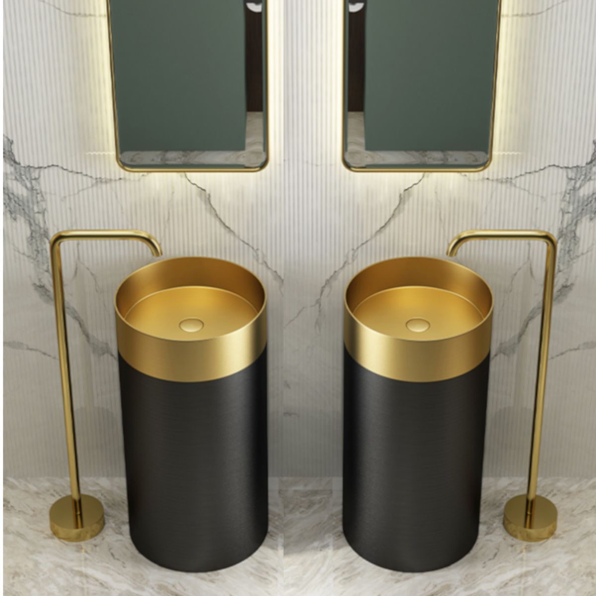Lavoar stativ Maurio din otel inoxidabil, Negru Auriu Periat, 40x40x80 cm, fara gaura de baterie, montaj pe podea