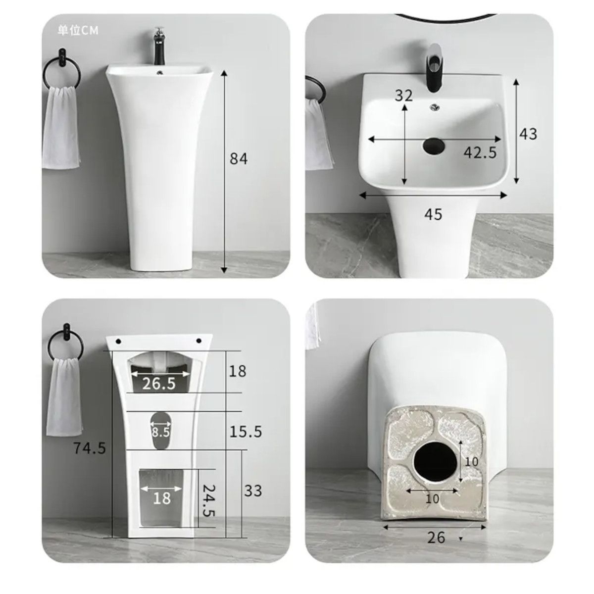 Lavoar stativ Novia, Alb, 45x43x84 cm,cu gaura de baterie, montaj pe podea, ceramica sanitara
