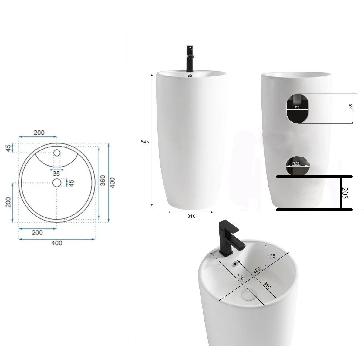Lavoar stativ, Power Color, Negru Mat exterior si interior, 45x45x84 cm,  ceramica sanitara, Fida