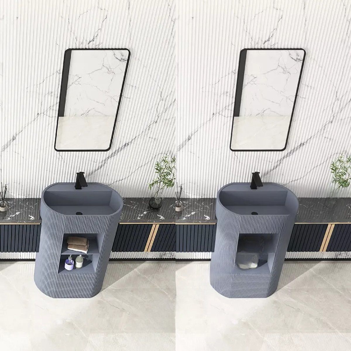 Lavoar stativ Vizini din compozit mineral, 2 spatii de depozitare Gri concrete, 57x40x86 cm, cu gaura de baterie