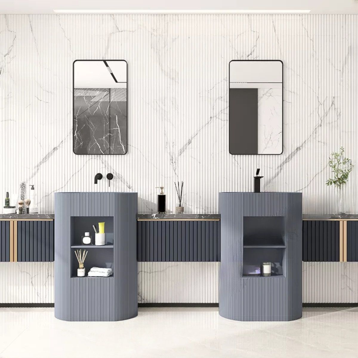 Lavoar stativ Vizini din compozit mineral, 2 spatii de depozitare Gri concrete, 57x40x86 cm, cu gaura de baterie