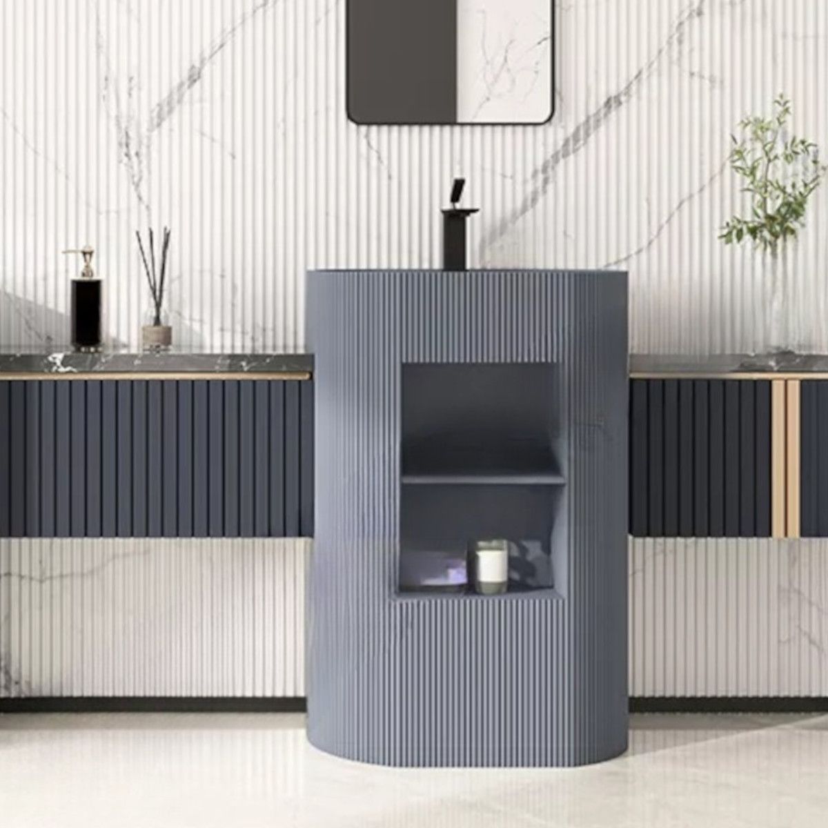 Lavoar stativ Vizini din compozit mineral, 2 spatii de depozitare Gri concrete, 57x40x86 cm, cu gaura de baterie