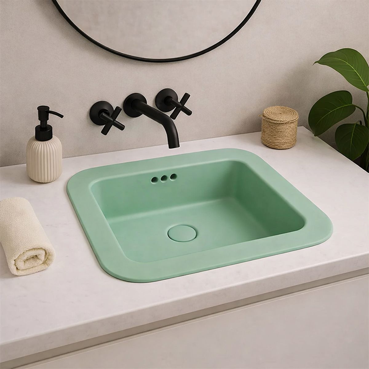 Lavoar, Verde Mint Mat, Power Color, montaj semi-incastrat, fara gaura de baterie, ceramica sanitara, 60x44 cm, Monza