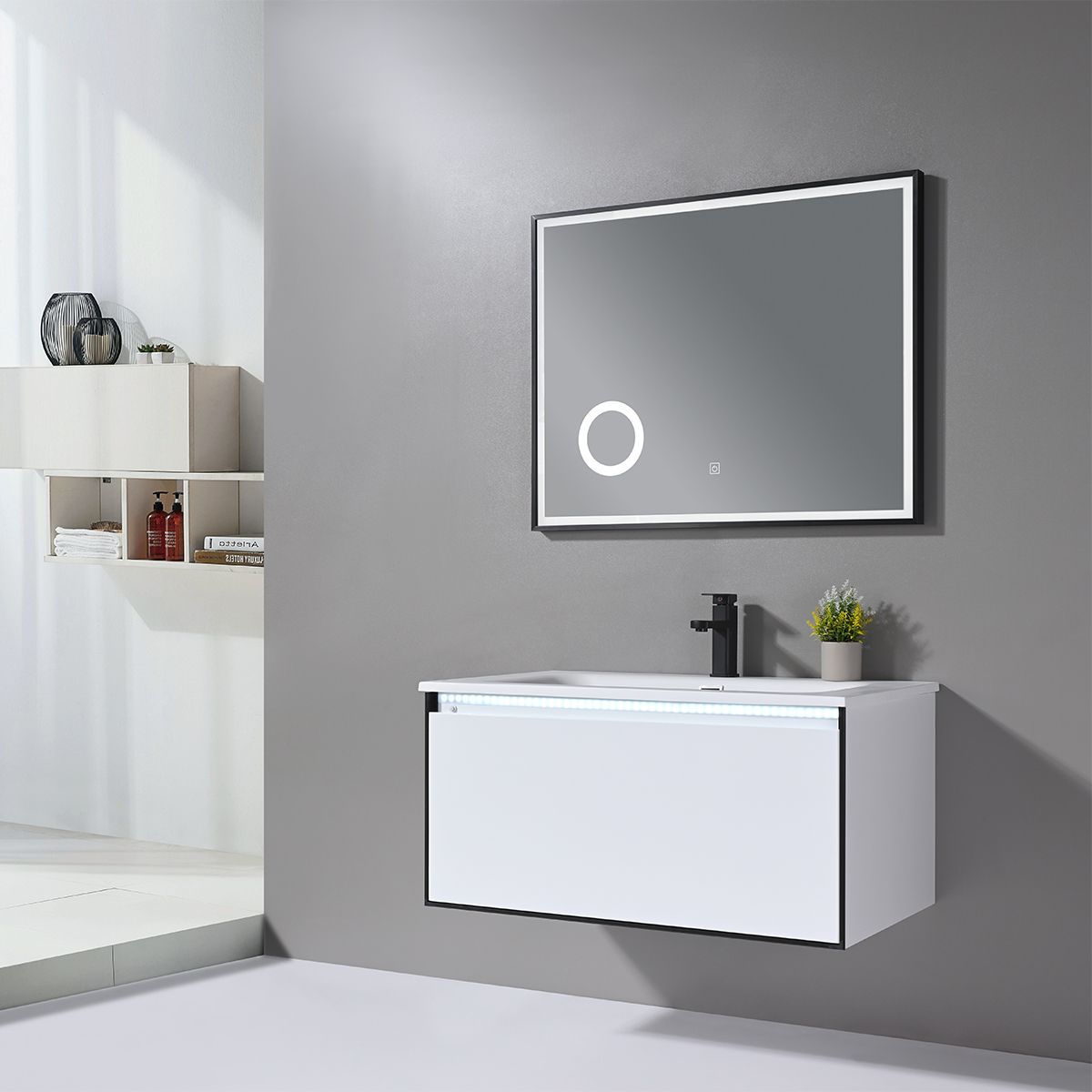 Mobilier baie cu lavoar din compozit corian, iluminare cu banda Led, inchidere Soft Close, dimensiune : 90x52 cm, Halo