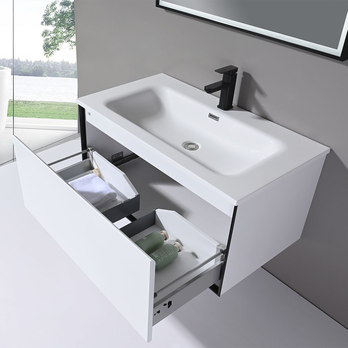 Mobilier baie cu lavoar din compozit corian, iluminare cu banda Led, inchidere Soft Close, dimensiune : 90x52 cm, Halo