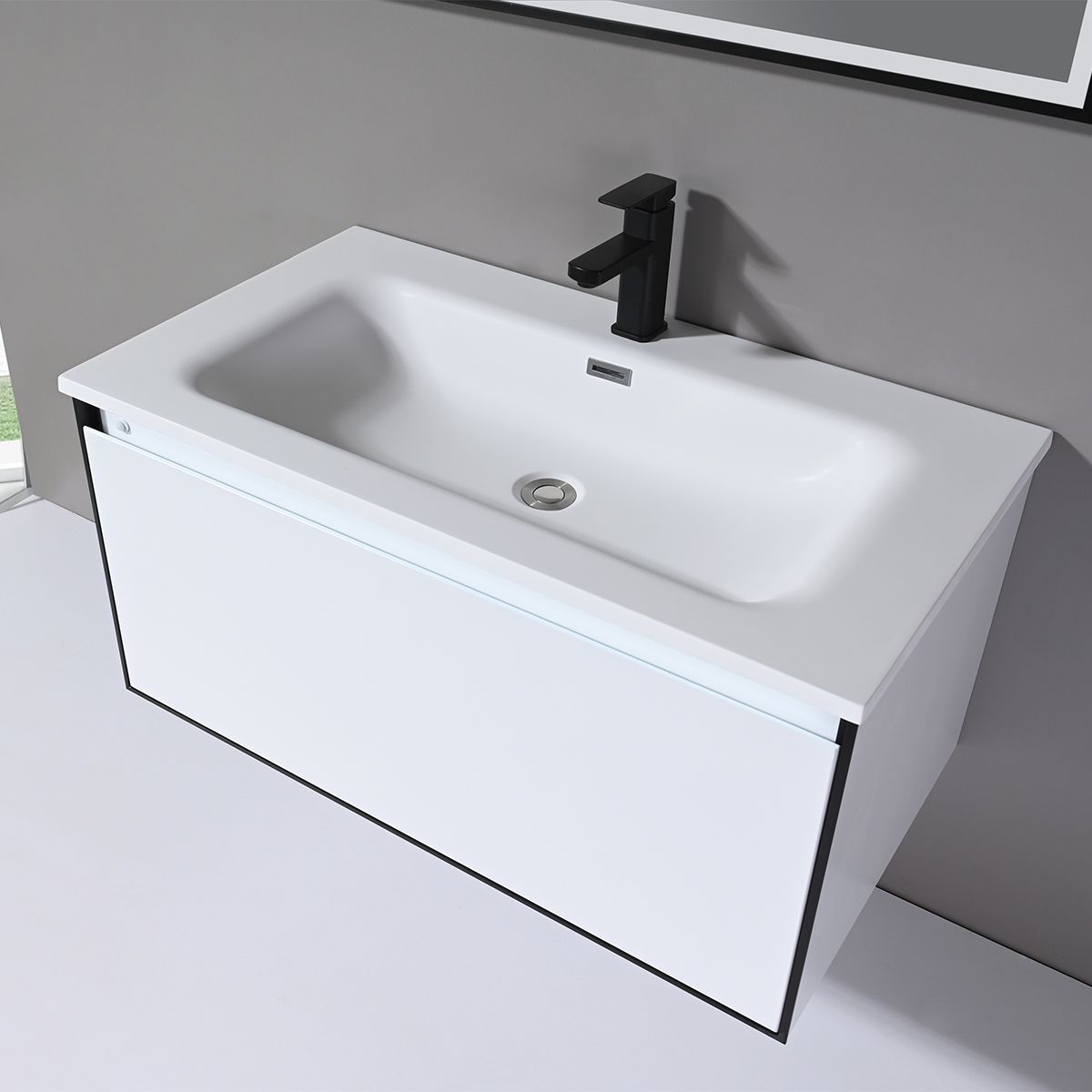 Mobilier baie cu lavoar din compozit corian, iluminare cu banda Led, inchidere Soft Close, dimensiune : 90x52 cm, Halo