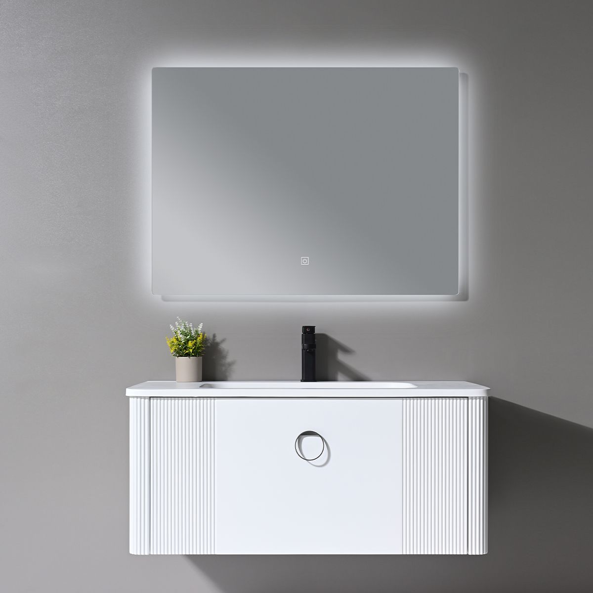 Mobilier baie din Mdf, cu lavoar din compozit corian, dimensiuni: 100 x 52 cm, inchidere Soft Close, Nest